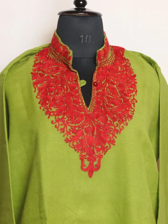 Elegant Parrot Green Cashmilon Long Kurta with Aari Embroidery | Gul-e-Hawal Collection