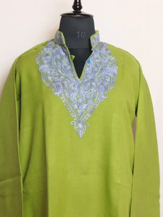Graceful Parrot Green Cashmilon Long Kurta with Artistic Aari Work | Gul-e-Hawal Collection