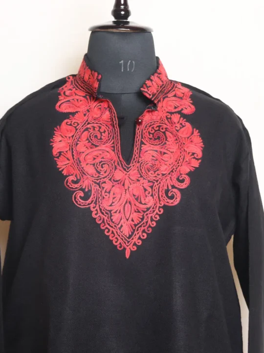 Soft Black Cashmilon Long Kurta with Aari Patterns | Gul-e-Hawal Collection