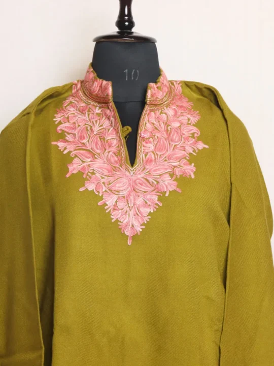 Warm Mehndi Green Cashmilon Long Kurta with Elegent Aari Embroidery | Gul-e-Hawal Collection