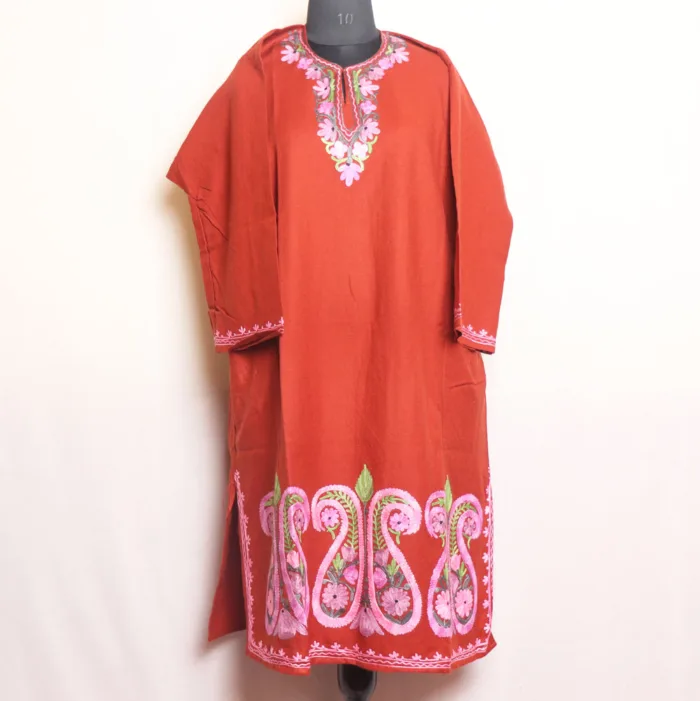 Graceful Rustic Red Cashmilon Pheran with Aari and Heavy Badami Daman Work - Masha Collection