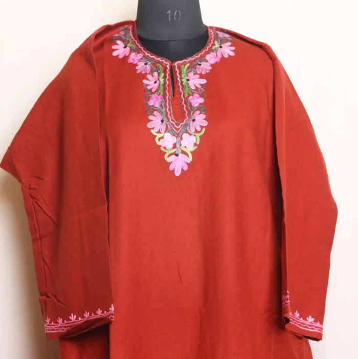 Graceful Rustic Red Cashmilon Pheran with Aari and Heavy Badami Daman Work - Masha Collection - Image 2