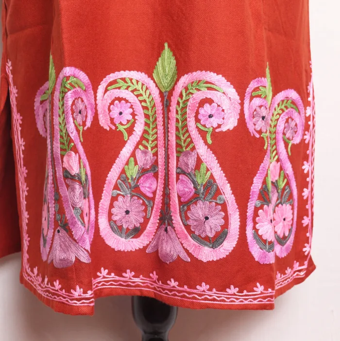 Graceful Rustic Red Cashmilon Pheran with Aari and Heavy Badami Daman Work - Masha Collection - Image 3