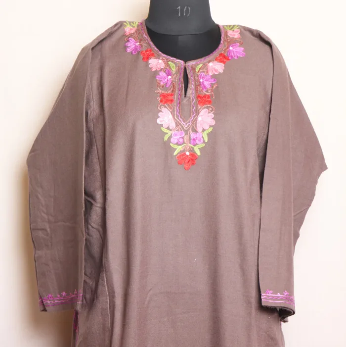 Beige Cashmilon Pheran with Beautiful Aari and Badami Daman Embroidery - Masha Collection - Image 2