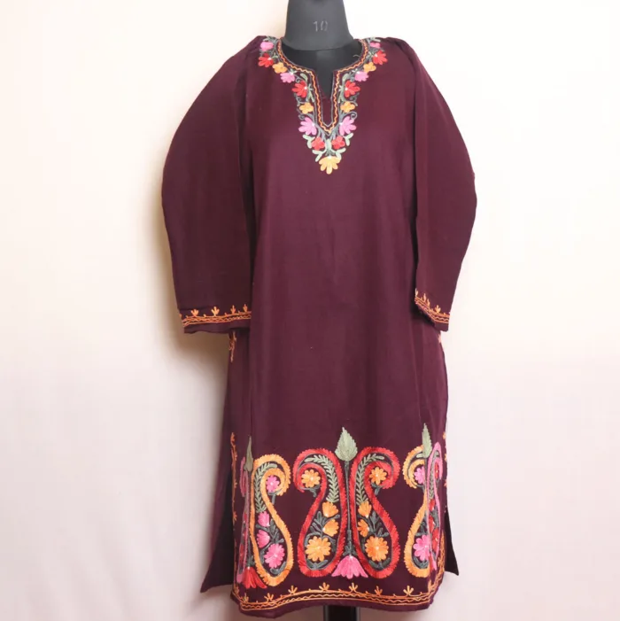 Stylish Wine Cashmilon Pheran with Heavy Badami and Aari Embroidery on Daman - Masha Collection