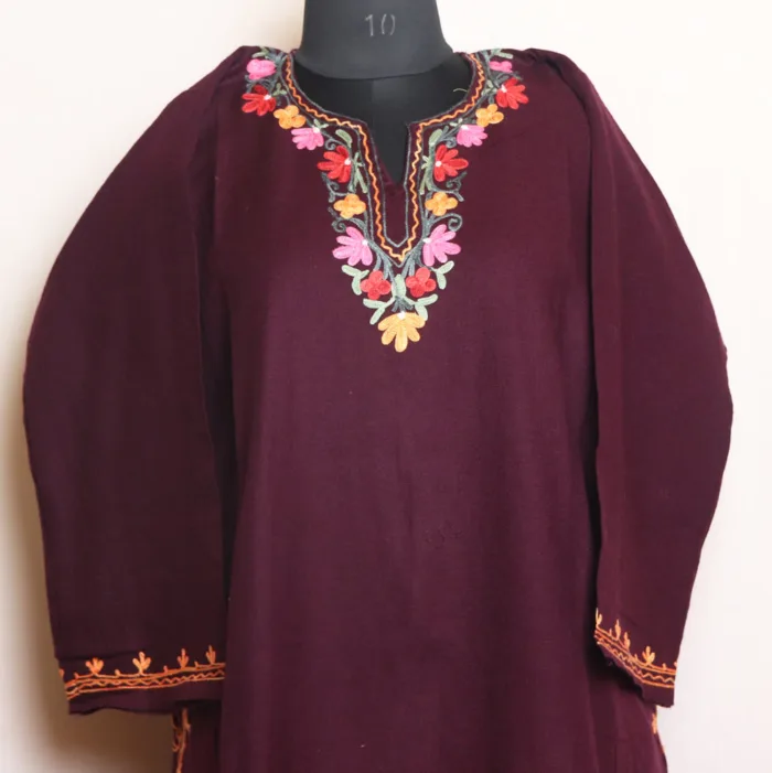 Stylish Wine Cashmilon Pheran with Heavy Badami and Aari Embroidery on Daman - Masha Collection - Image 2