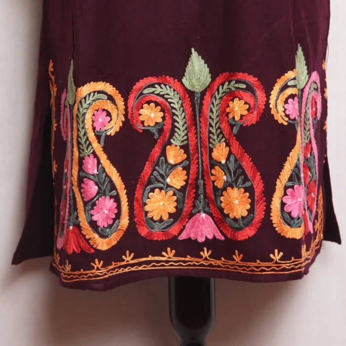 Stylish Wine Cashmilon Pheran with Heavy Badami and Aari Embroidery on Daman - Masha Collection - Image 3