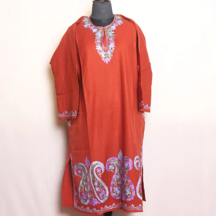 Soft Rust Cashmilon Pheran with Aari and  Badami Daman Work - Masha Collection