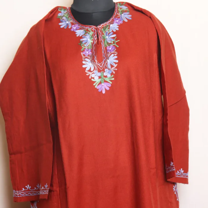 Soft Rust Cashmilon Pheran with Aari and  Badami Daman Work - Masha Collection - Image 2