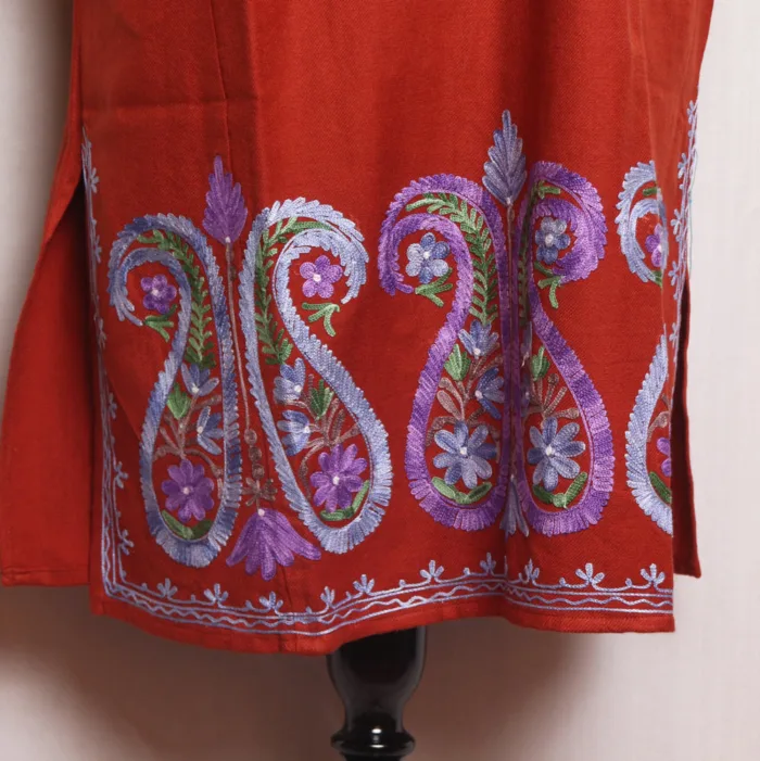 Soft Rust Cashmilon Pheran with Aari and  Badami Daman Work - Masha Collection - Image 3