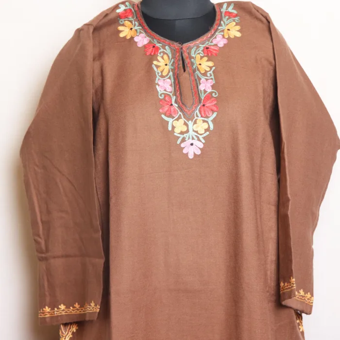 Elegant Beige Cashmilon Pheran with Heavy Badami Daman Detailing and Aari Embroidery - Masha Collection - Image 2