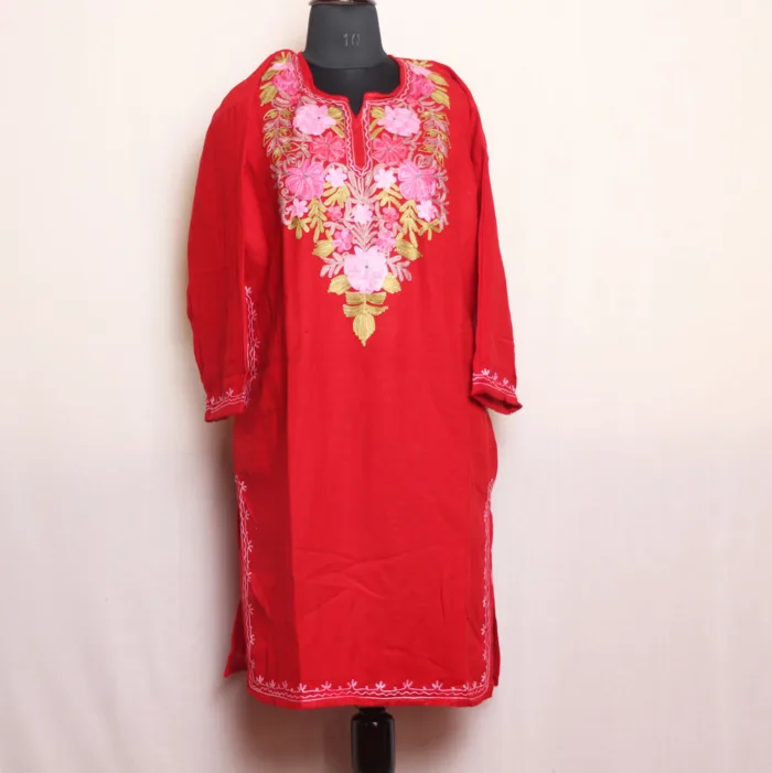 Red Cashmilon Pheran with Adorable Aari Details (47,41) - Dalgate Collection - Image 2