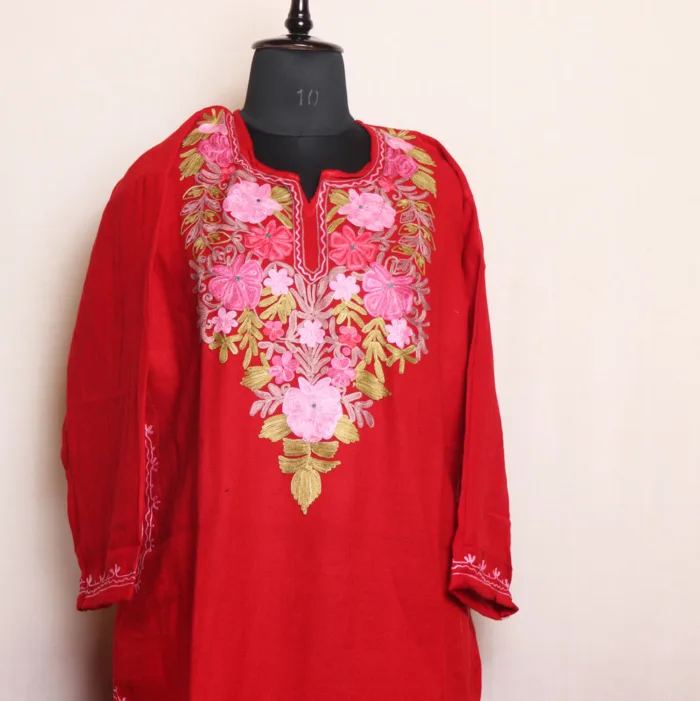 Red Cashmilon Pheran with Adorable Aari Details (47,41) - Dalgate Collection