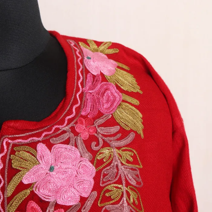 Red Cashmilon Pheran with Adorable Aari Details (47,41) - Dalgate Collection - Image 3