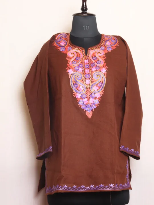 Graceful Brown Cashmilon Short Kurta with Aari Embroidery - Dalgate Collection
