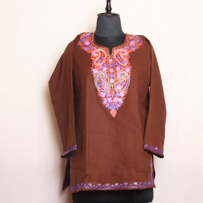 Graceful Brown Cashmilon Short Kurta with Aari Embroidery - Dalgate Collection