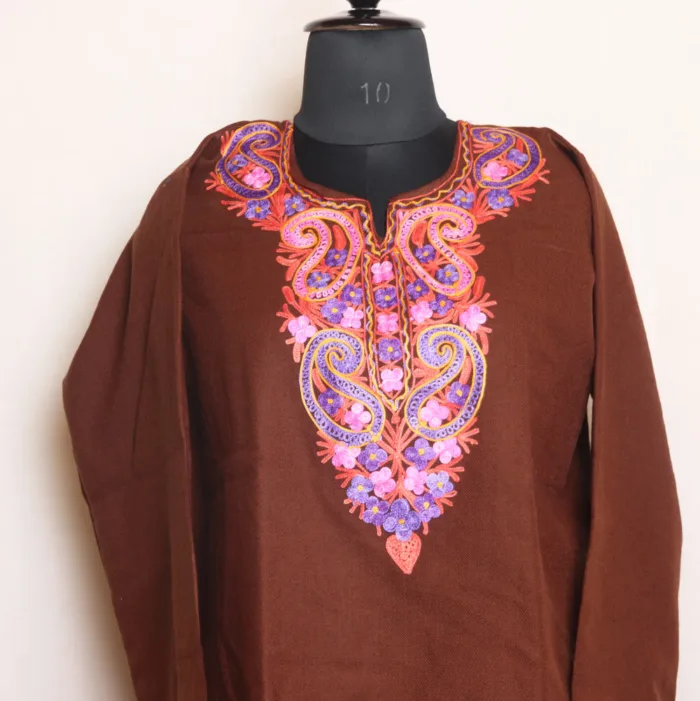 Graceful Brown Cashmilon Short Kurta with Aari Embroidery - Dalgate Collection - Image 2