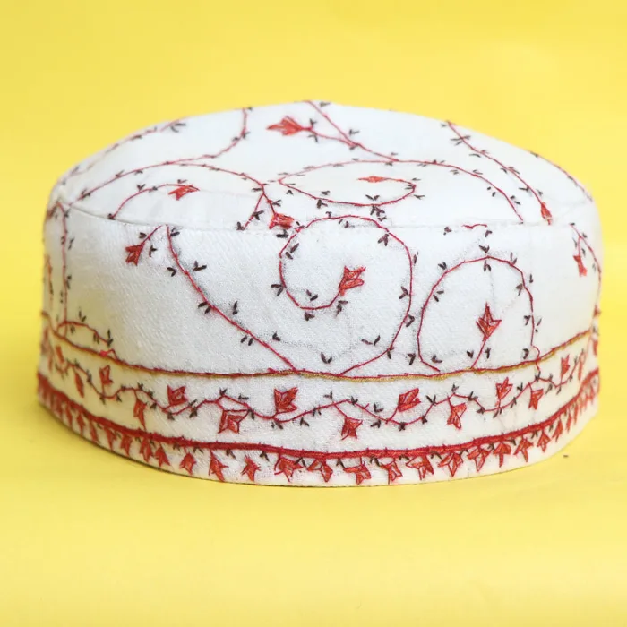 Sultanabad Toosha White Cap with Intricate Double Border Sozni Embroidery