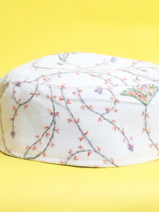 Mirgund Toosha White and Green Cap with Exquisite Hand Sozni Detailing