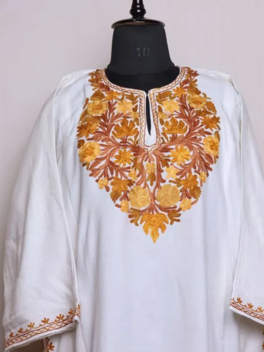 Stylish White Aari Work  Pheran in Soft Cashmilon