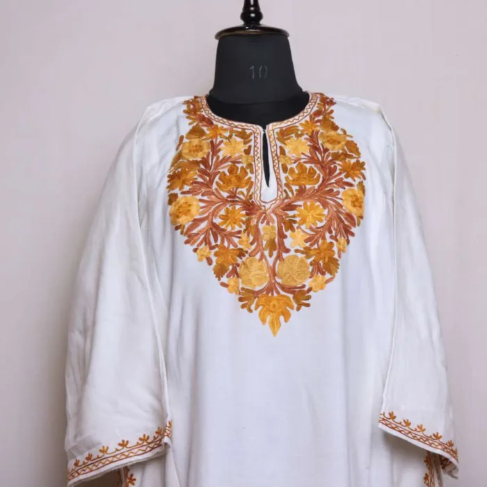 Stylish White Aari Work  Pheran in Soft Cashmilon