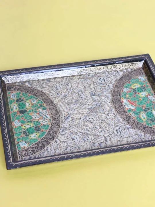 Golden Paper Mache Tray with Hand-Drawn Paisley Artwork