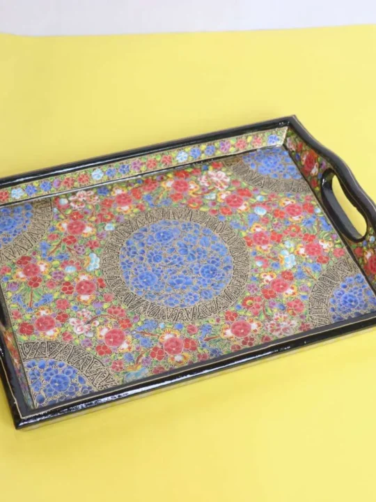 Traditional Kashmiri Paper Mache Tray with Multicolor Floral Patterns