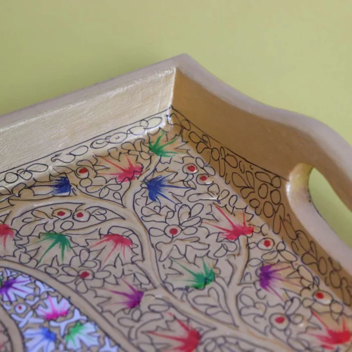 Hand-Painted Kashmiri Paper Mache Serving Tray with Floral Design - Image 3