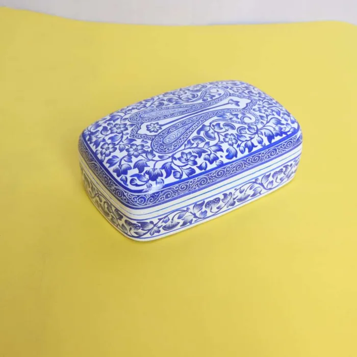 Hand-Painted Kashmiri Paper Mache Floral Lid-Blue Box