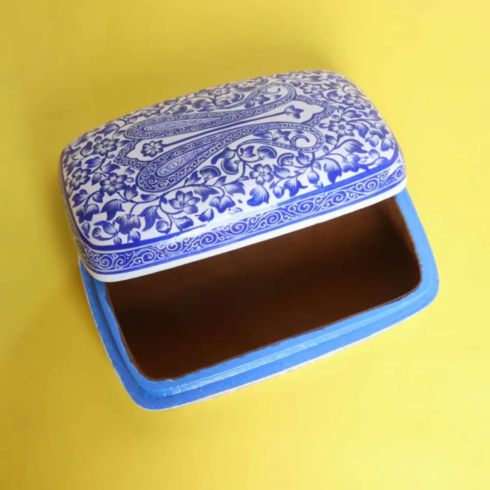 Hand-Painted Kashmiri Paper Mache Floral Lid-Blue Box - Image 3