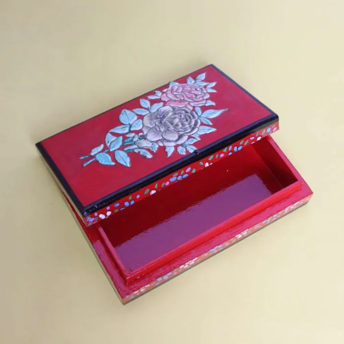 Traditional Kashmiri Paper Mache Rosy Decorative Box - Image 4