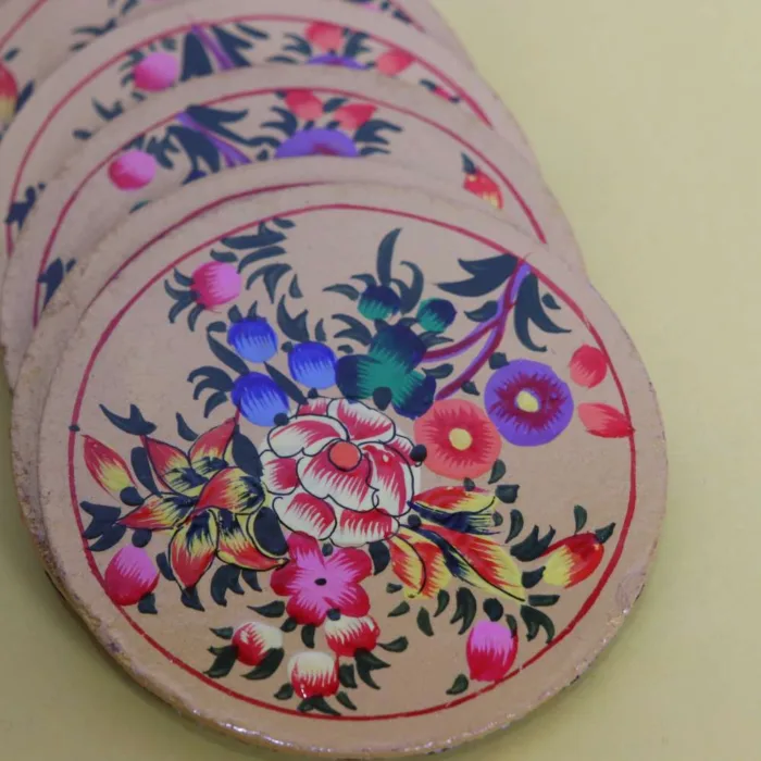 Kashmiri Hand-Painted Paper Mache Coaster Set - Image 4