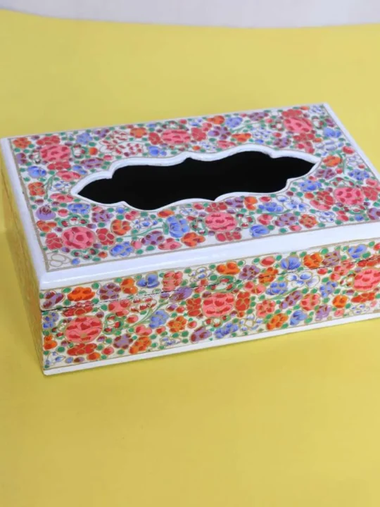 Kashmiri Paper Mache Tissue Box with Hand-Painted Floral Design