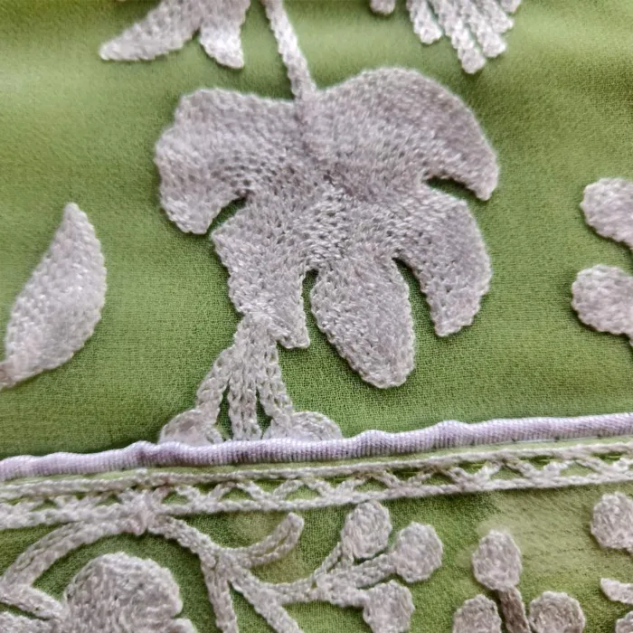 Classic Pale green Georgette Saree with Chinari Akh Rang Aari Work from Kashmir - Roshe Collection - Image 3