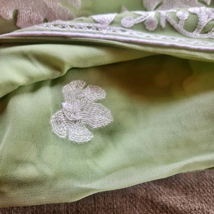 Classic Pale green Georgette Saree with Chinari Akh Rang Aari Work from Kashmir - Roshe Collection - Image 2