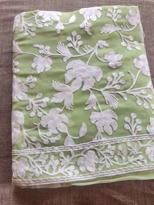Classic Pale green Georgette Saree with Chinari Akh Rang Aari Work from Kashmir - Roshe Collection