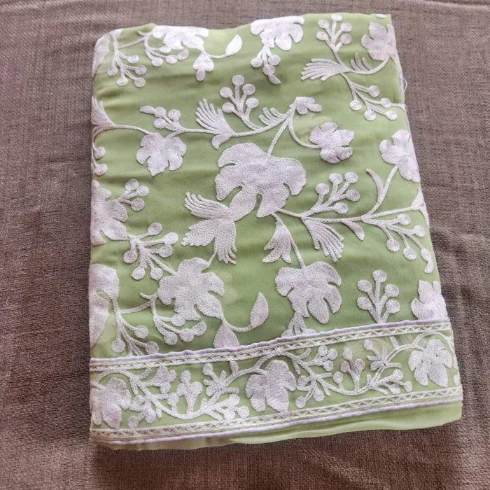Classic Pale green Georgette Saree with Chinari Akh Rang Aari Work from Kashmir - Roshe Collection