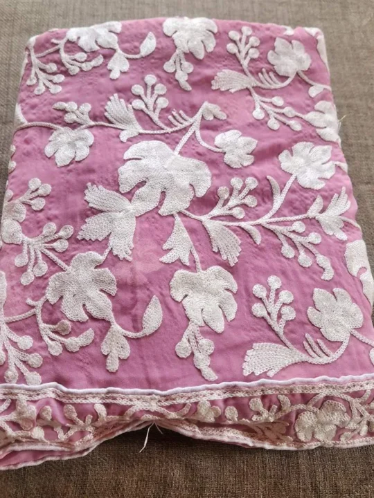 Stylish Pink Chinari Akh Rang Georgette Saree with Intricate Aari Work - Roshe Collection