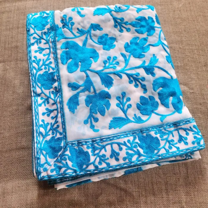 Chinari White Akh Rang Georgette Saree with Blue Fine Aari Embroidery - Roshe Collection