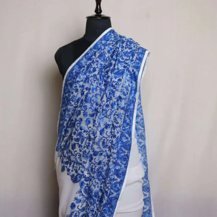 Badami Jama Akh Rang Blue Georgette Saree with Elegent Aari Detailing - Roshe Collection - Image 2