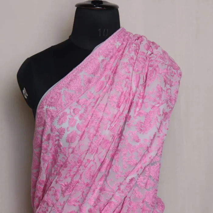 Pink Badami Jama Akh Rang Georgette Saree with Green Aari Embroidery - Roshe Collection - Image 2