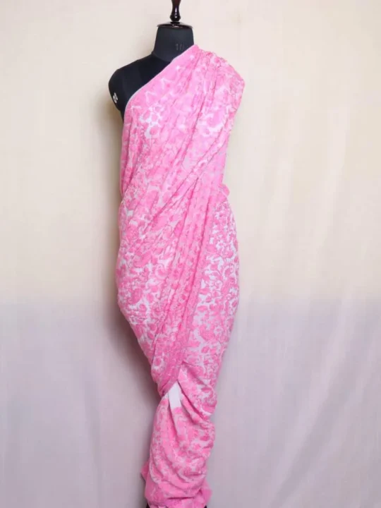 Pink Badami Jama Akh Rang Georgette Saree with Green Aari Embroidery - Roshe Collection