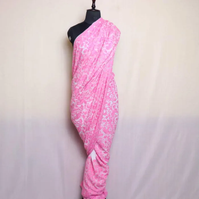 Pink Badami Jama Akh Rang Georgette Saree with Green Aari Embroidery - Roshe Collection