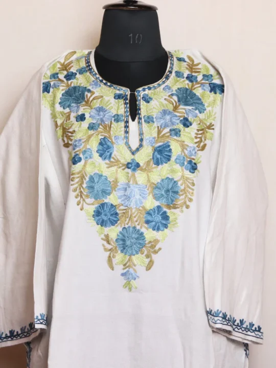 Classic Off-White Aari Embroidered Pheran in Cashmilon - Dalgate Collection