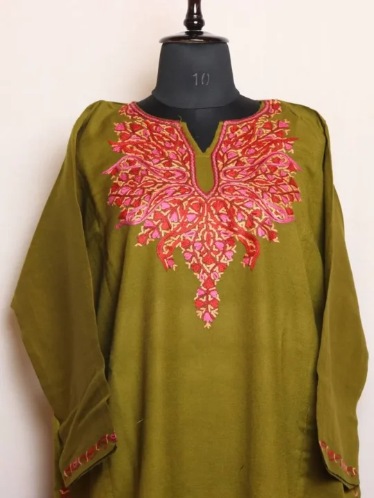 Soft Mehndi Green Raffal Loose Pheran with Intricate Hand Aari Work (43,56)- Dalgate Collection