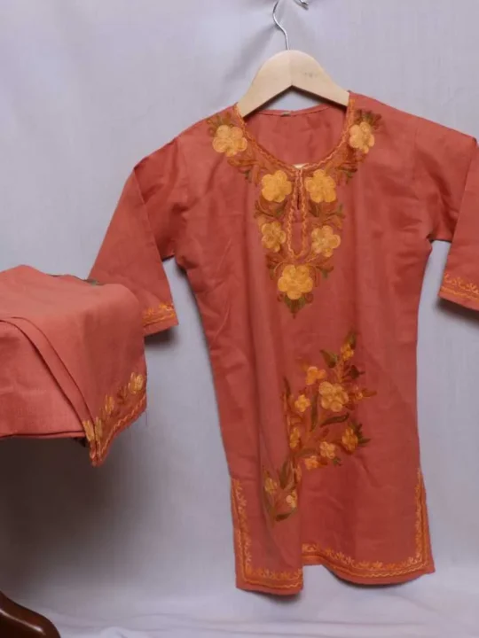 Peach Colored Aari Embroidered Kurta Set with Trousers (4-5 Y)