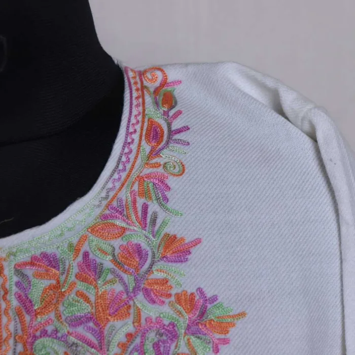 White Cashmilon Pheran with Intricate Sleeve Embroidery - Zikaar Collection - Image 3