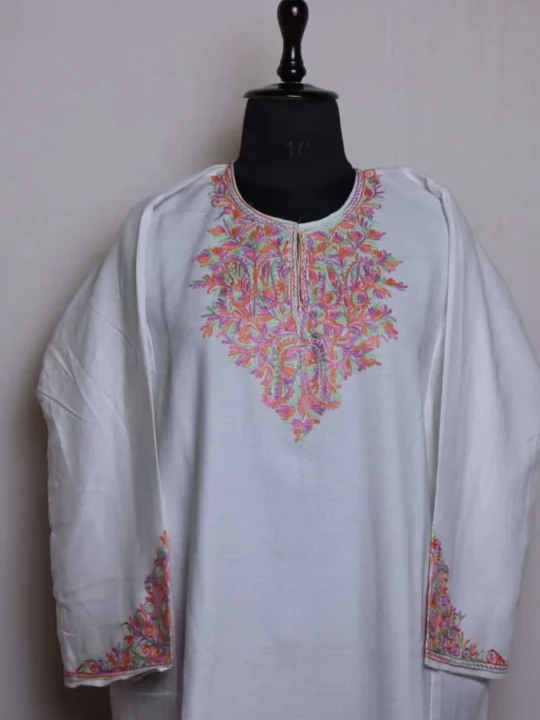 White Cashmilon Pheran with Intricate Sleeve Embroidery - Zikaar Collection