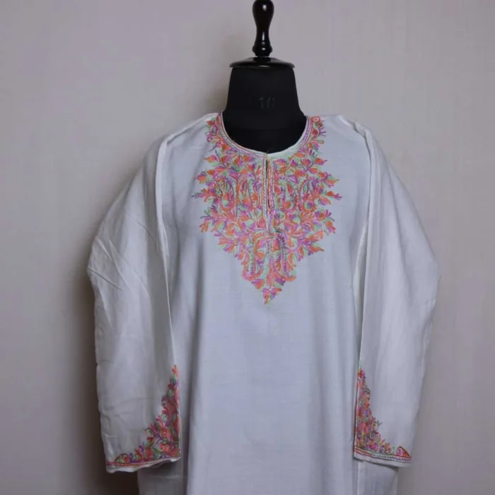 White Cashmilon Pheran with Intricate Sleeve Embroidery - Zikaar Collection