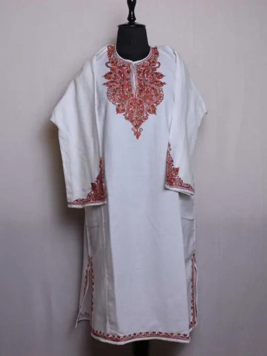 White Cashmilon Pheran | Pheran with Artistic Aari and Sleeve Detailing - Zikaar Collection